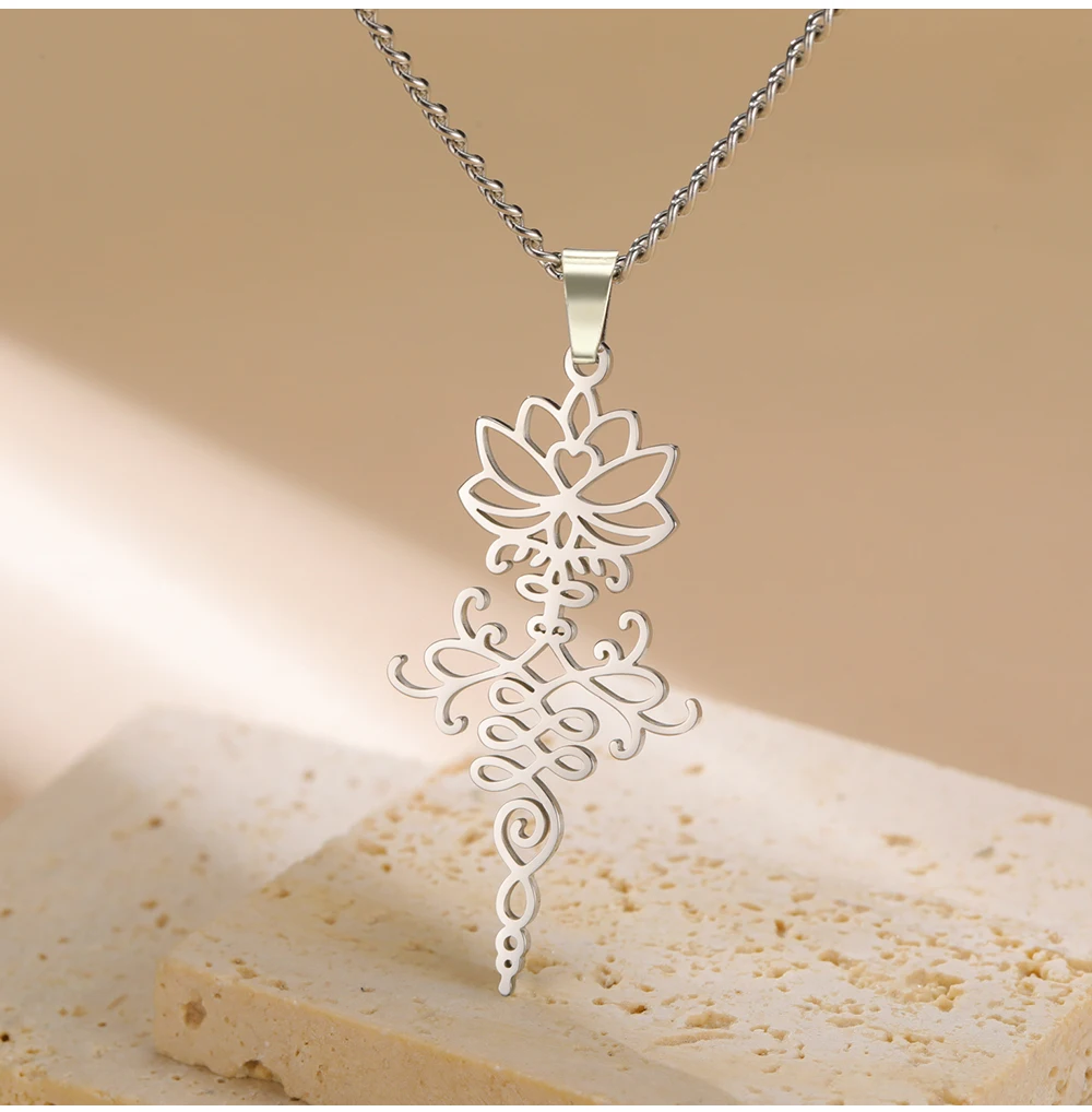 COOLTIME Lotusblume Anhänger Damen Halskette Edelstahl Mode Buddhismus Wiedergeburt und Reinheit Charm Halskette Amulett Schmuck – Detail 7