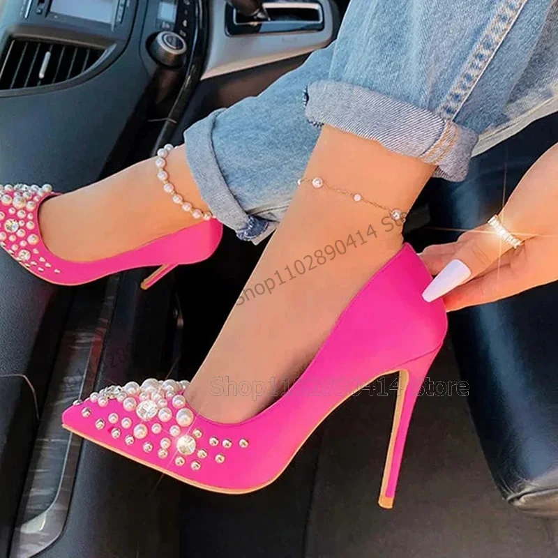 

White Pearl Decor Rose Red Pointed Toe Pumps Slip On Women Shoes Thin High Heels Novel Fashion Banquet 2025 Zapatos Para Mujere