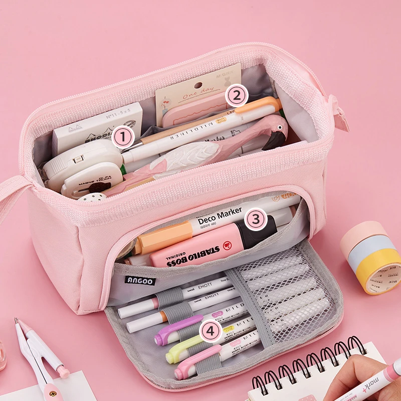 Angoo Multi Pockets Pen Case Pencil Bag Pure Color Large Capacity Handbag Storage Pouch Organizer for Stationery School F492