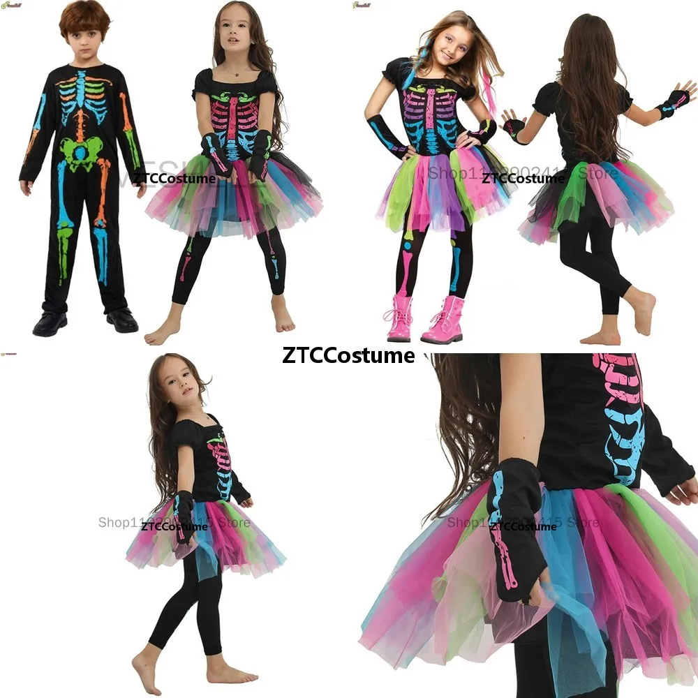 Disfraz de Esqueleto Arcoíris para Niña, Estilo Funky Punky, para Fiestas de Disfraces, Halloween, Actuaciones Escénicas