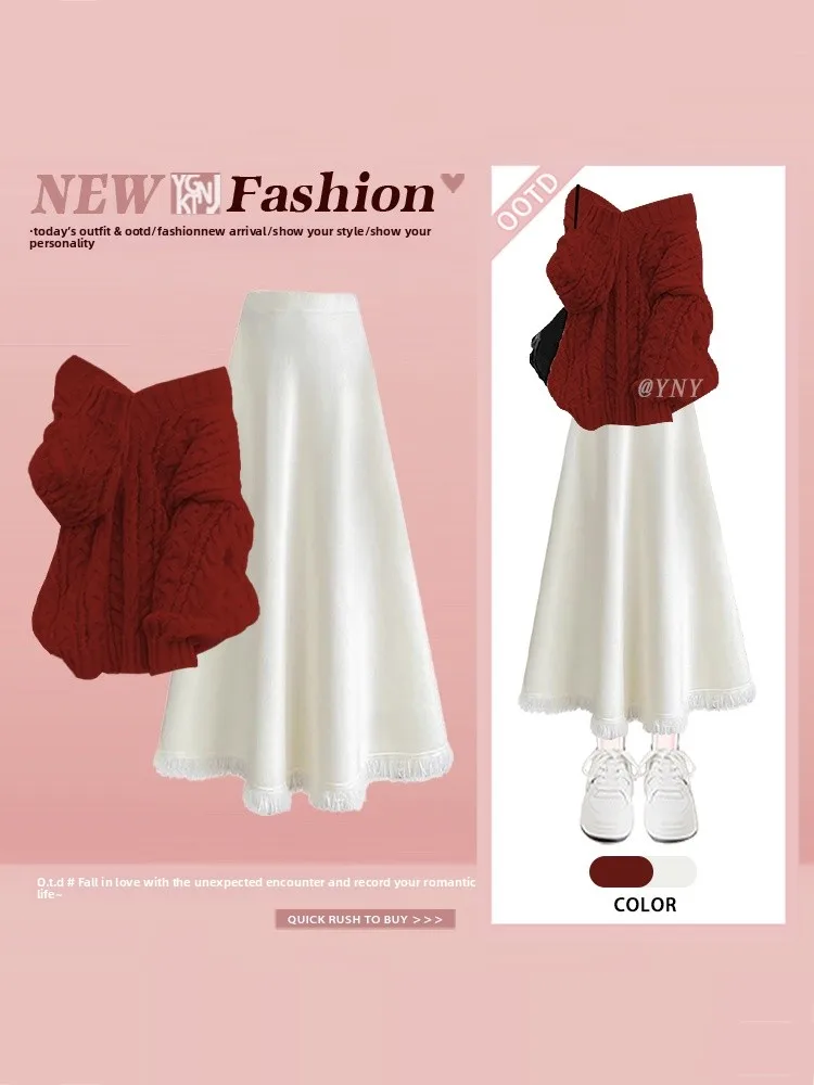 

Sweet Soft V-neck Knitted Sweater High Waist Tassel Half Skirt Two-piece Set Women Winter Elegant Slimming Ensemble