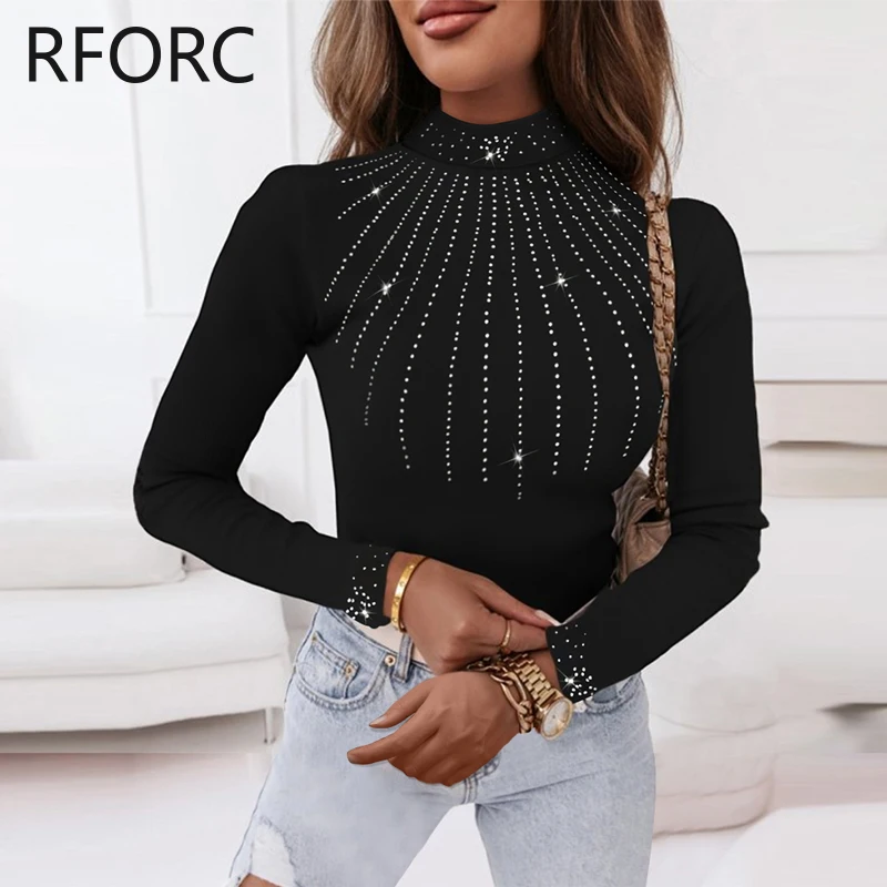 2023 Women Rhinestone Decoration Long Sleeves Turtleneck Casual Basic Black Blouse Top