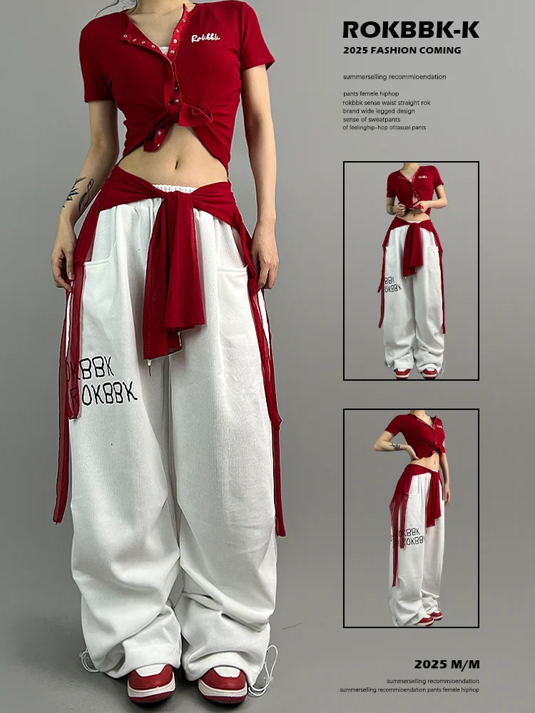 กางเกงขายาวสไตล์ฮิปฮอป ROKBBK-K สำหรับผู้หญิง เหมาะสำหรับเต้นและสวมใส่สบายๆ ผ้าคอตตอนผสม ทรงหลวม ขาตรง