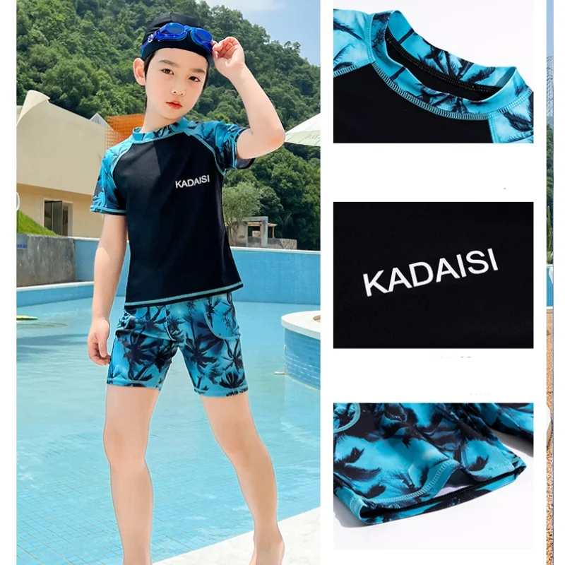 

Boys Swimsuit Kids Rash Guard Swim Set Short Sleeve Shirt with Swim Trunks BathingSuit Toddler UV Protection Swim Sets Age 4-14Y