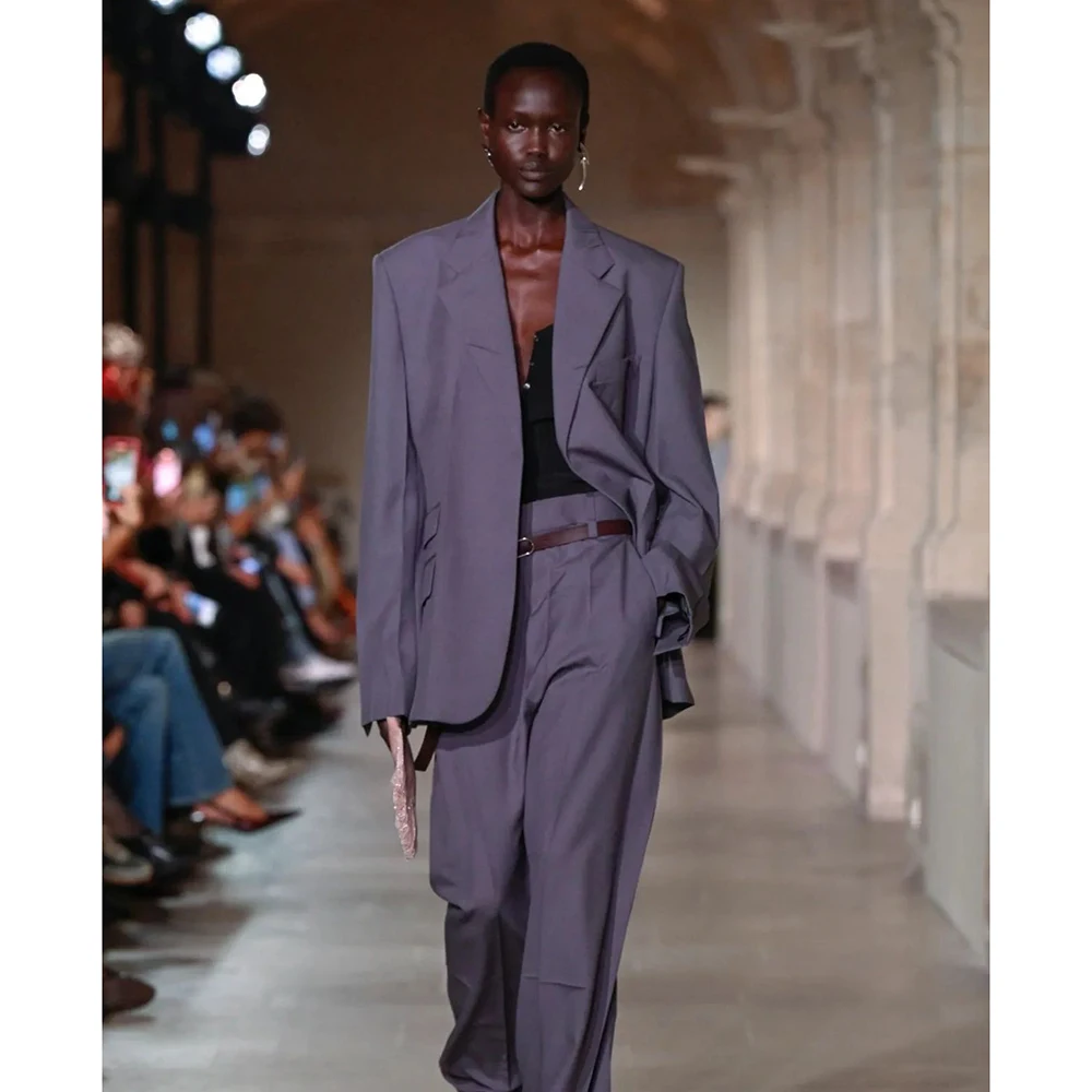 

Oversize Lavender No buttons Women Notch Lapel Suit 2 Piece Jacket Pant Set Loose Office Casual Party Female Clothing Outfits