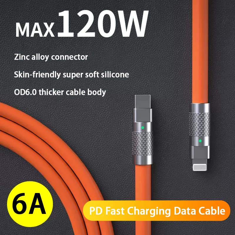 120w 6A Super Fast Charge PD120w Type-C To Lighting Liquid Silicone Cable Quick Charge 2M USB Cable For IPhone Charger E-Marker