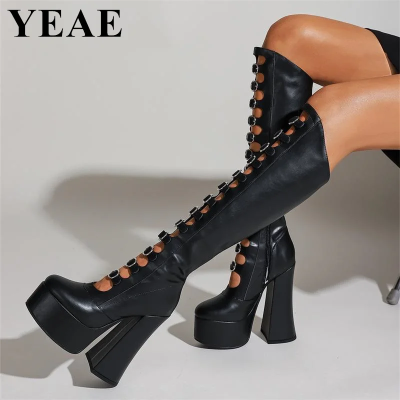 Thick Sole Black Hollow Out Knee High Boots Women Platform Square Heel Dance Shoes Super High Heel Sexy Boots Plus Size Footwear