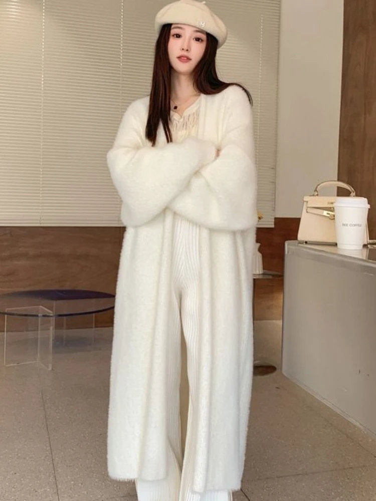 Fluffy Long Cardigan Women Elegant Long Sleeve Fur Loose Female Knit Sweater Coat 2024 Autumn Winter Street Maxi Lady Outwear