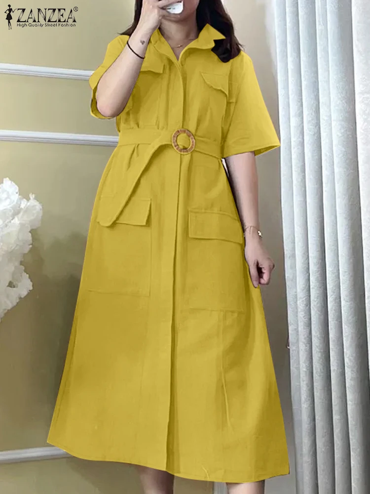 

ZANZEA Commuting Woman Midi Dresses Lapel Neck 2025 Summer Fashion Belted Shirtdress Casual Short Sleeve Solid Color Robes Femme