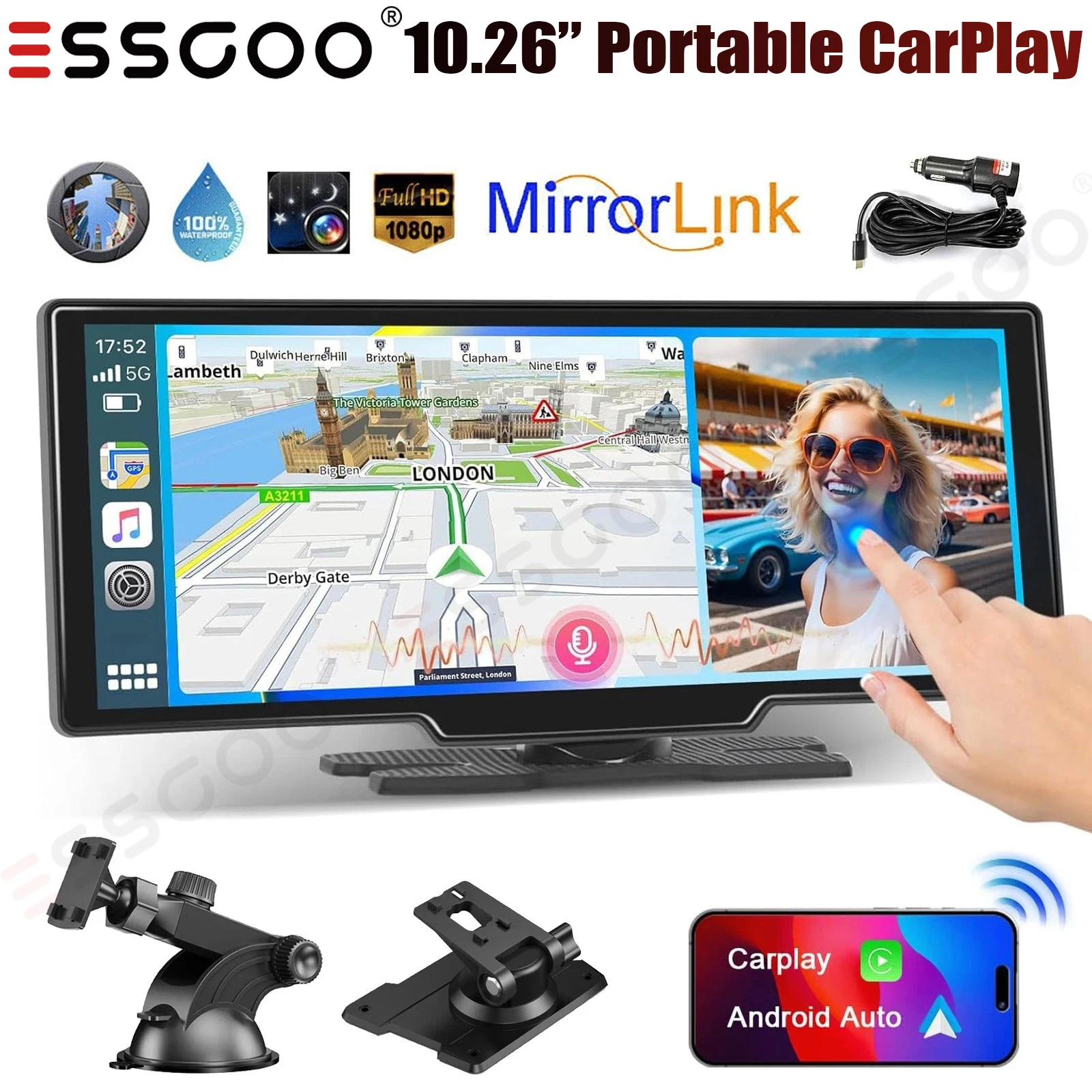 

10,26-дюймовый портативный универсальный автомобильный стерео беспроводной Apple CarPlay и Android Auto 4K IPS сенсорный экран GPS-навигация FM BT + камера