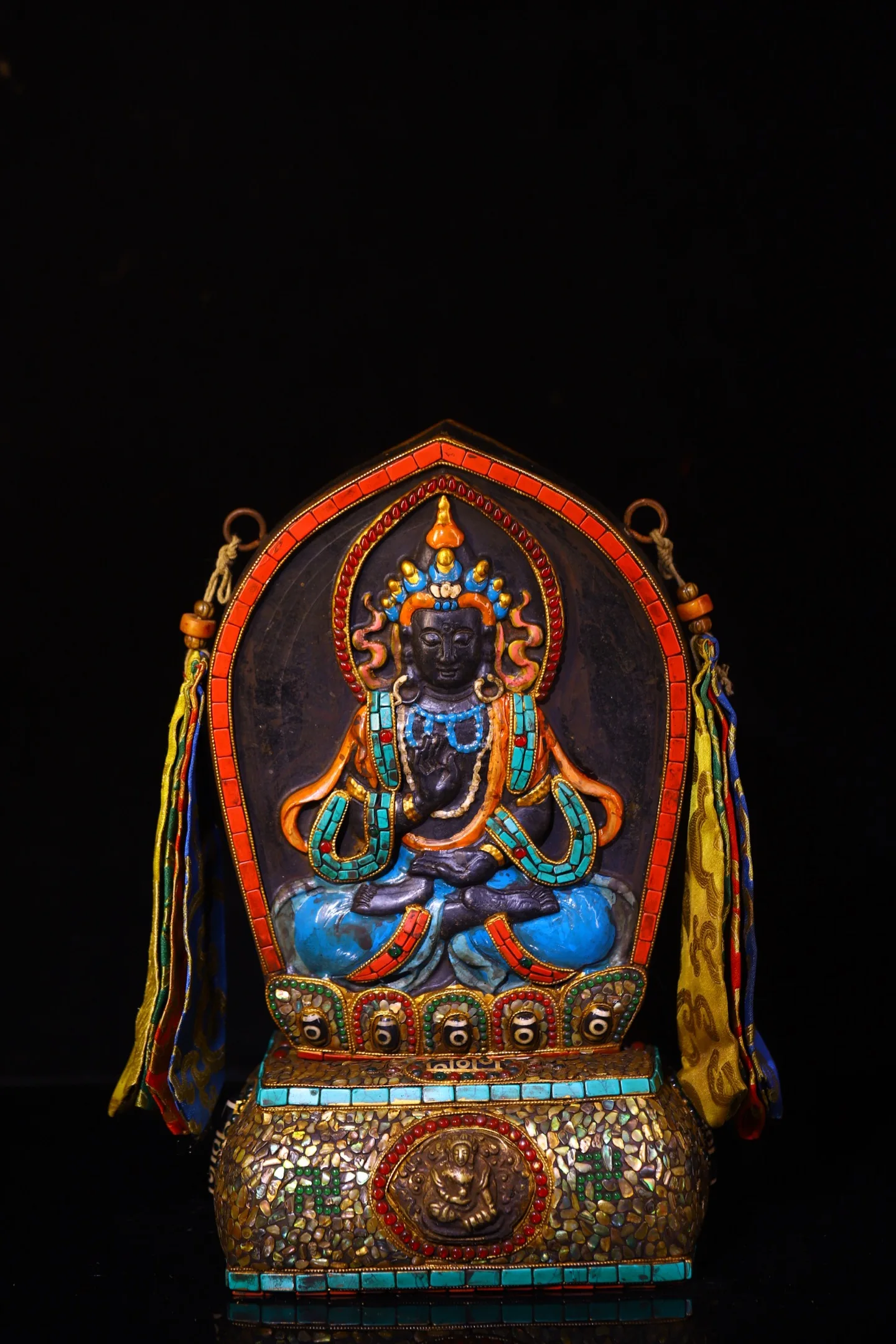 Old Natural Meteorite Painted Mosaic Gem gZi Beads Turquoise Guanyin Bodhisattva Buddha Plaque Buddha Terrace Buddhist Niche