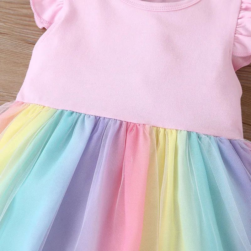 Summer Girls\' Rainbow Dress 0-4Y Cute Children\'s Mesh Patchwork Princess Dress Kid\'s Clothes Baby Flying Sleeve Fluffy Skirt