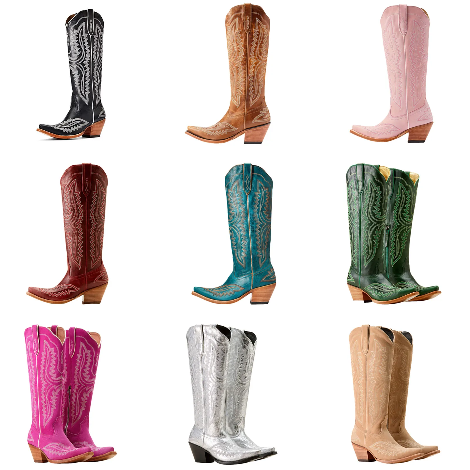 Women's Knee-high Boots White Western Cowboy Knight High Heel Shoes PU Leather Embroidered Pointed Toe Long Boots
