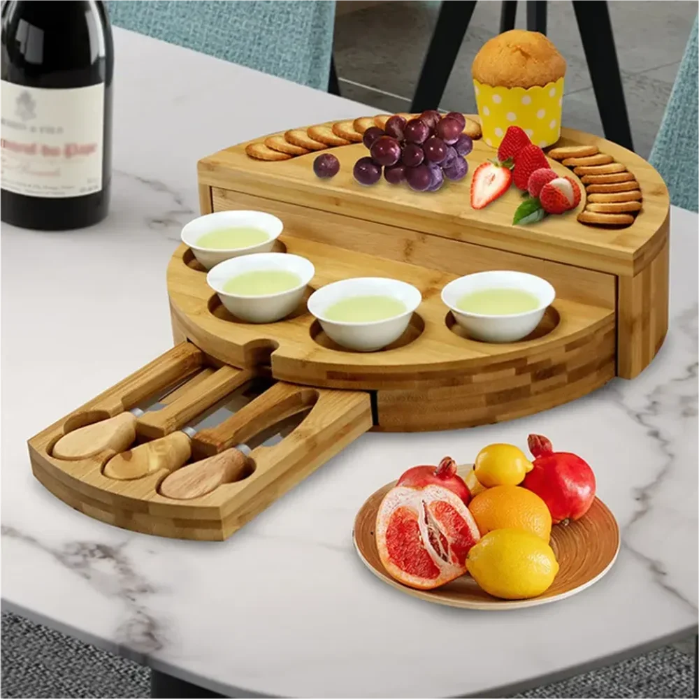 

Portable Thick Bamboo/wood Cheese Board with Knife Fork High Temperature Resistant Antibacterial for Home Camping Use Food Tray