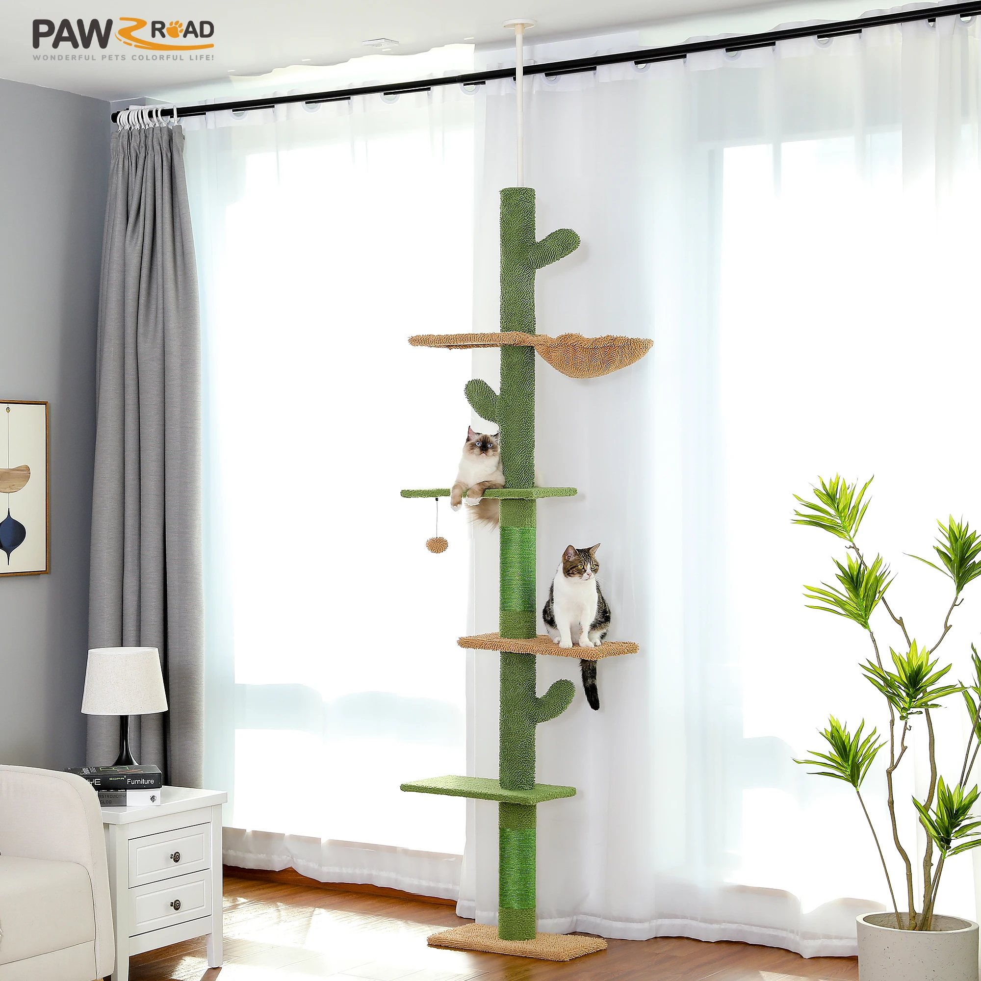 

Cat Tree 5-Tier Floor to Ceiling Cat Tower Cactus Tall Climbing Tree with Scratching Post Hammock Dangling Ball for Indoor Cats