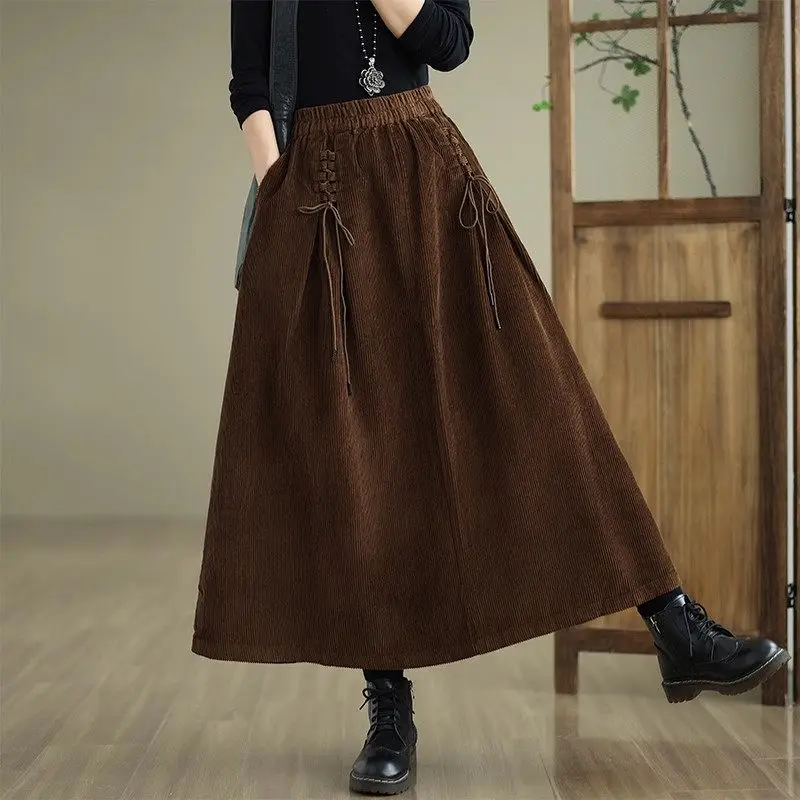 Retro High Waisted Corduroy Midi Skirt For Women 2024 Spring And Autumn Winter New Item A-Line Vintage Skirt Mujer Faldas k2671