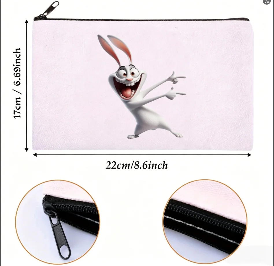 1PC Double Sided Print Funny Cartoon White Rabbit Zipper Canvas Cosmetic Storage Pouch