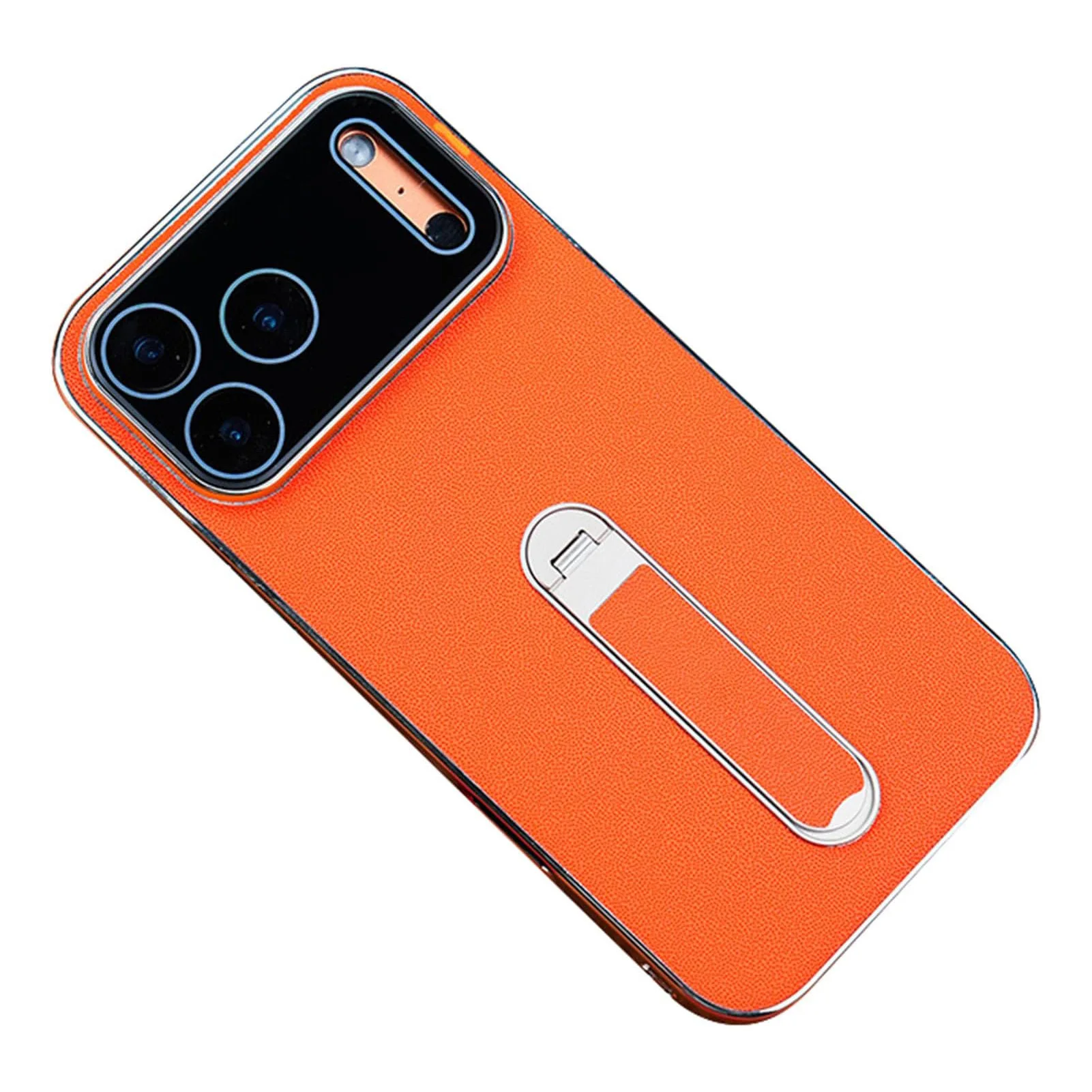 

For iPhone 17 Pro Max/17 Pro/17 Metal Plating Leather Case with Mini Kickstand - Ultra Thin Anti-Fingerprint Camera Protection