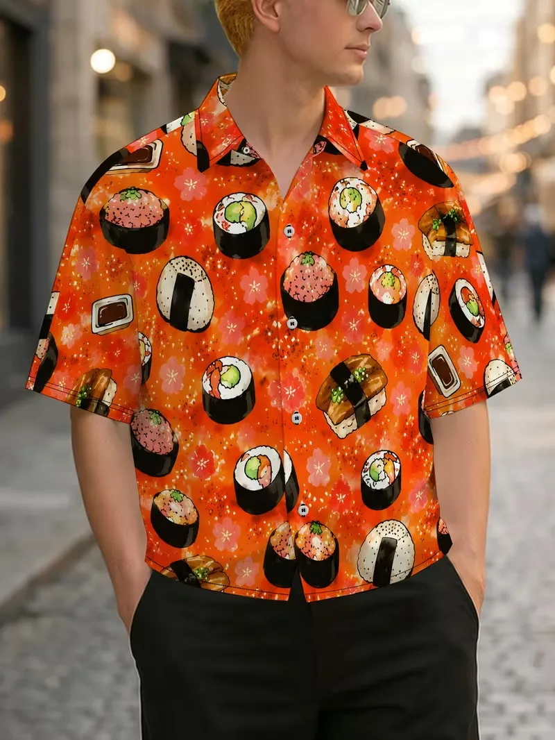 Japanese Sushi Cherry Blossom Print Men's Hawaiian Shirt Summer Short Sleeve Casual Beach Vacation Button Down surfing Shirts
