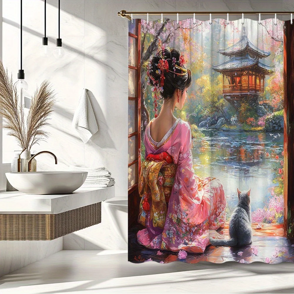 1pc Woman Pink Kimono Grey Cat by Garden Pond Shower Curtain Vibrant JaPandanese Garden Scene Bathroom Decoration Polyester Home