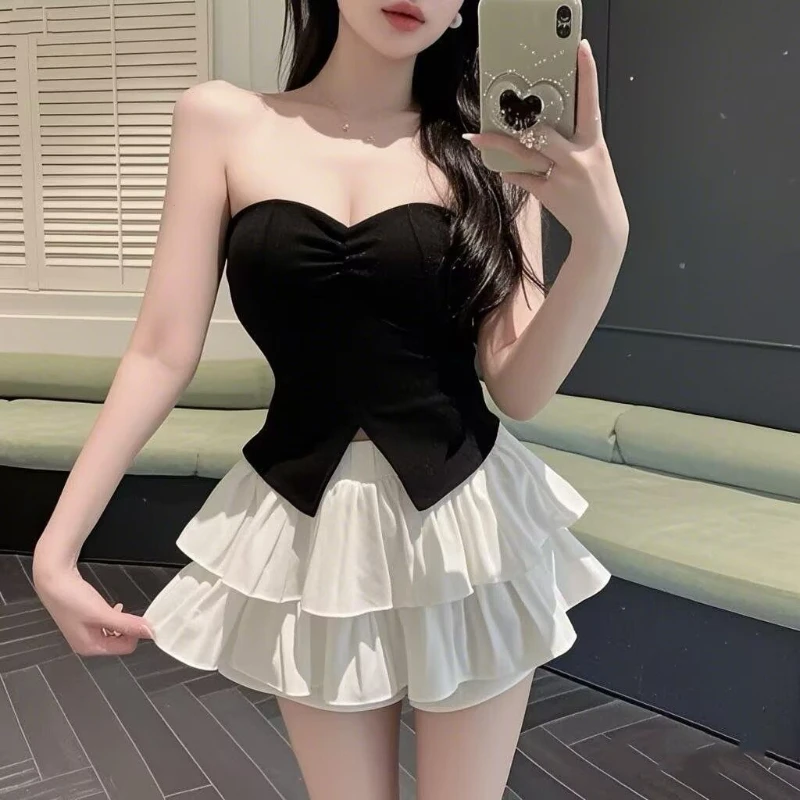 

Женский сексуальный повседневный комплект 2026: топ без бретелек, юбка из фатина с высокой талией, модный наряд для весны и осени ​