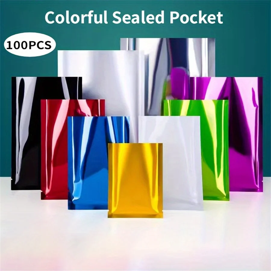 100 Stück bunte, dreiseitig versiegelte Mylar-Beutel, Aluminiumfolienverpackung für Lebensmittel, Haushaltsgebrauch, Geburtstagsfeiern und zur Aufbewahrung von Geschenken. – Detail 1