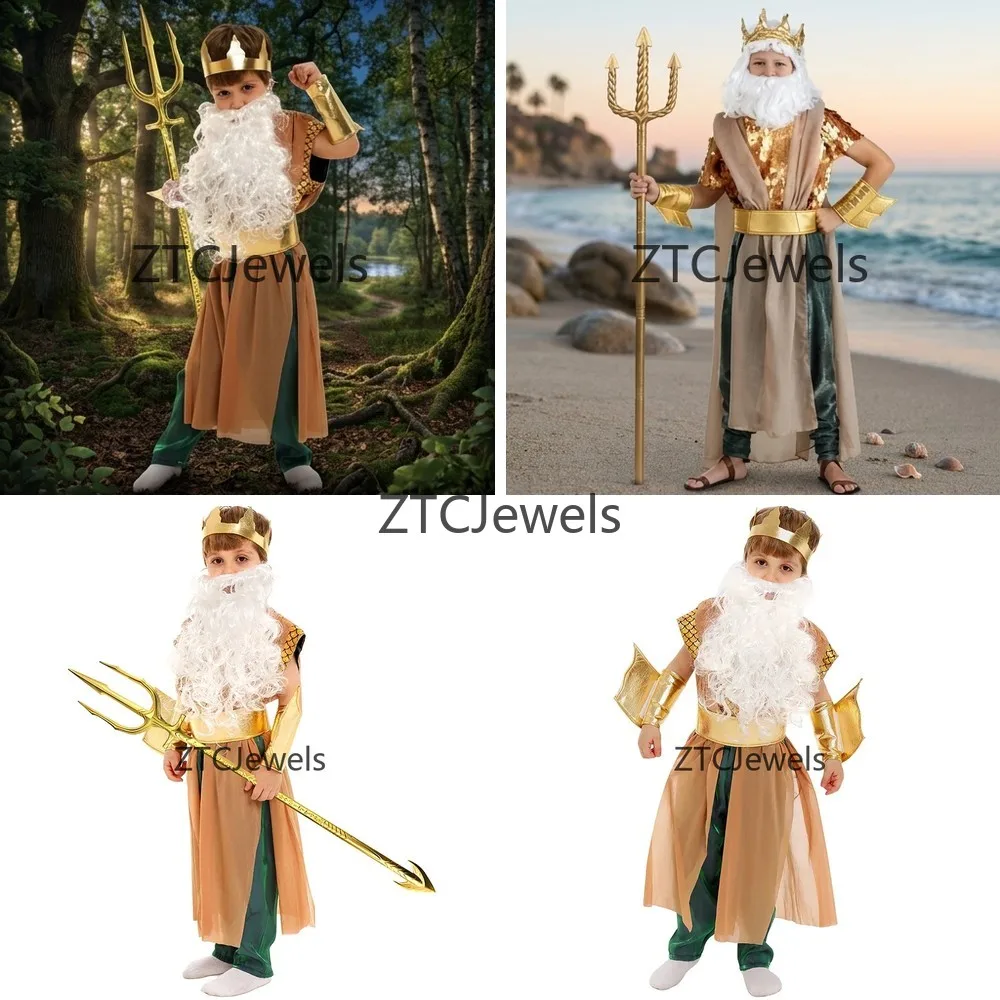 

King Neptune Poseidon God of the Sea Cosplay Costume Golden Greek Fancy Dress for Kids Boys Halloween Stage Performance Outfit