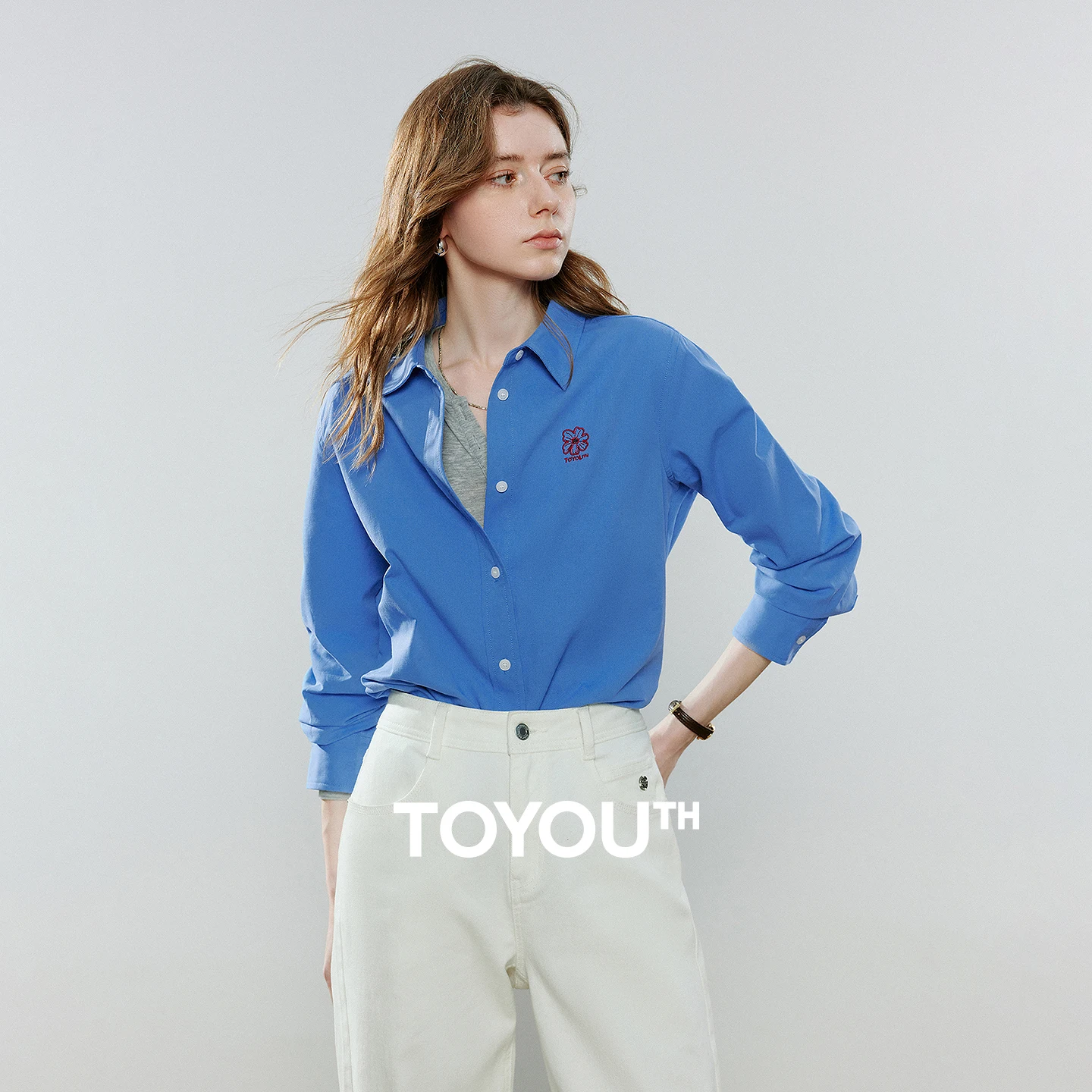 

TOYOUTH женские хлопковые кавалерийские саржевые рубашки 2026, весенние новые блузки с длинными рукавами и вышивкой Meconopsis