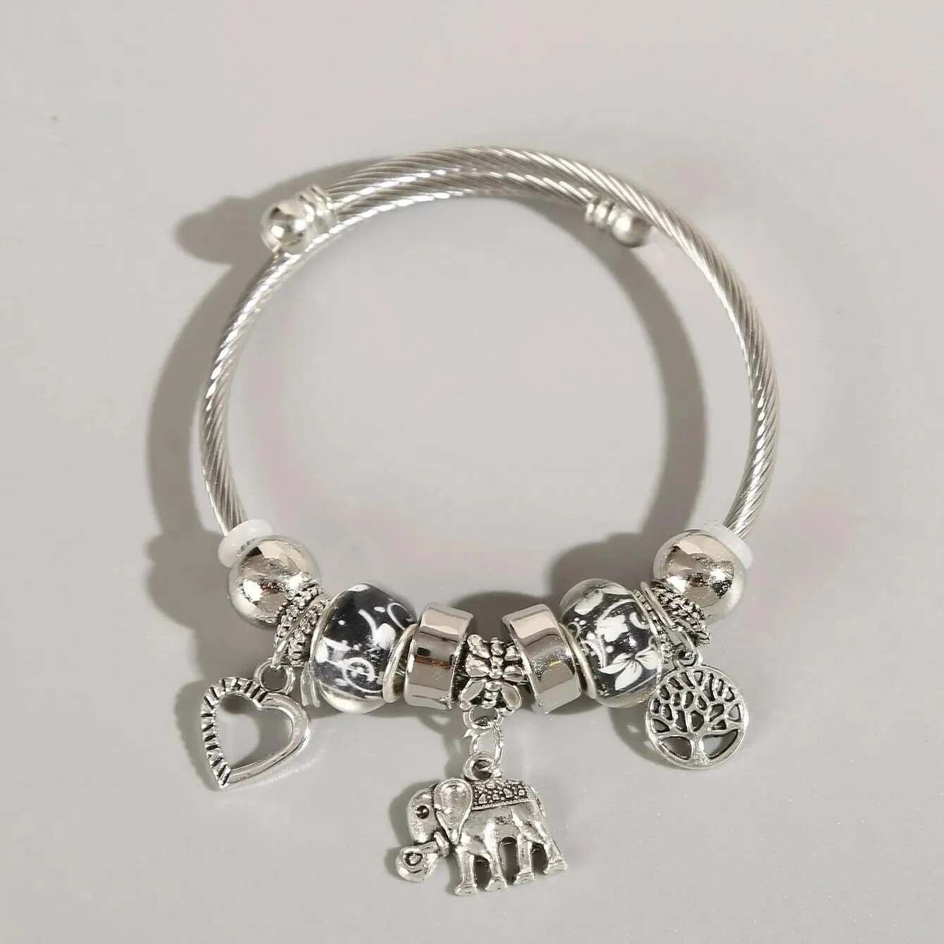 Obega Heart Elephant Lucky Tree Pendant Charm Bracelet Shiny Silver ColorMetal Bead Cuff Bangle Simple Style Ins Party Jewelry