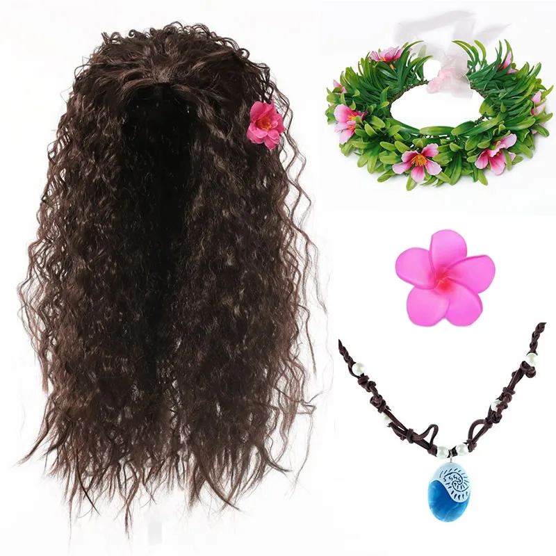 Disney Gilrs Moana Wig and Necklace Flower Clip Dress up Set Moana Halloween Costume Accessories Party Favors Christmas Gift