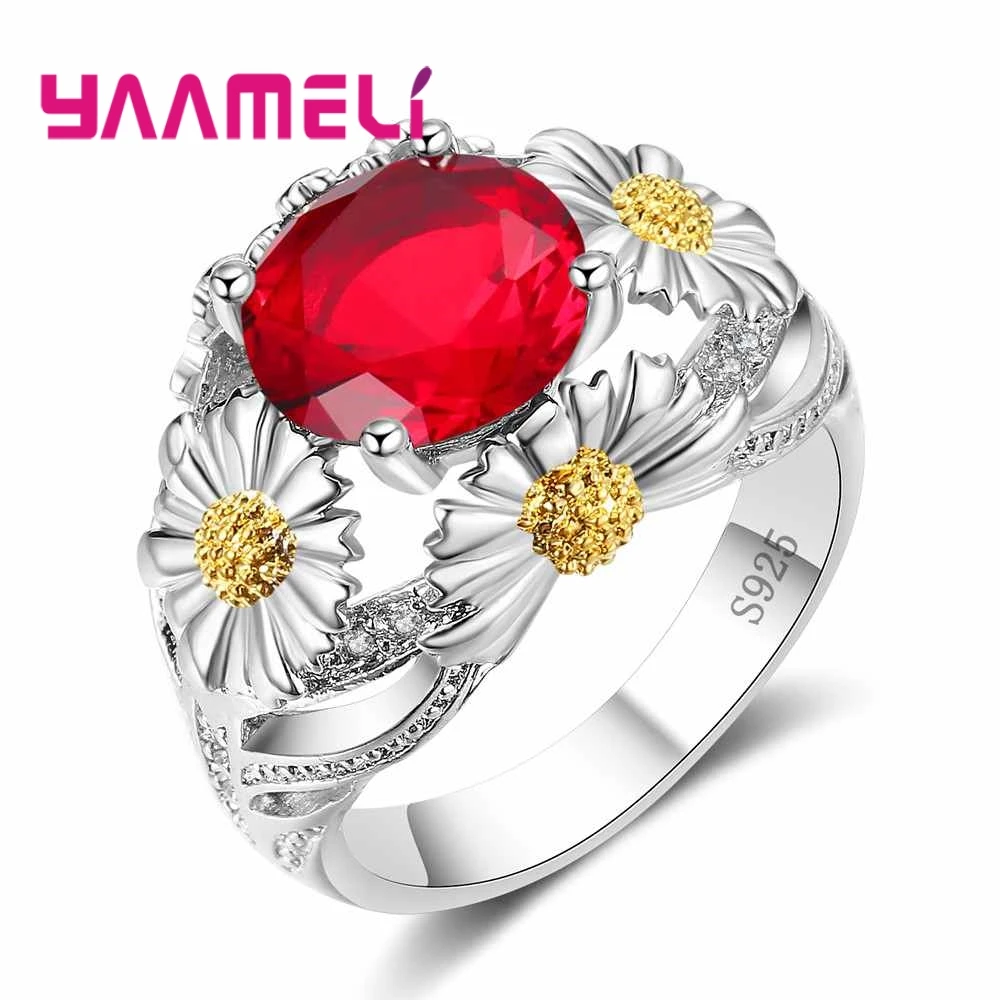 Bague en cristal de fleur ronde en argent regardé 925 pour femme, bijoux de fête, cadeau de Rh, bleu, rouge, vert, mode élégante