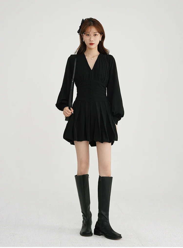 Afbeelding 6: Witte Lantaarn Mouw V-hals Jurk Vrouwen 2023 Lente Koreaanse Zoete Hoge Taille Slim Fit Korte Jurk Elegante Lange Mouw Mini Jurk