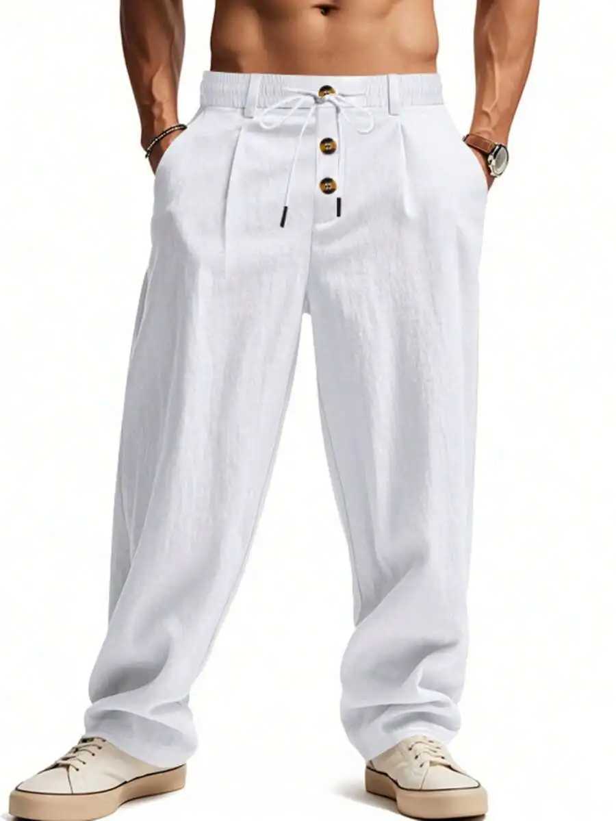 Mid Rise Solid Button Cotton Linen Trousers, Men Loose Breathable Versatile Long Pants, Lightweight Spring Summer Daily Workout