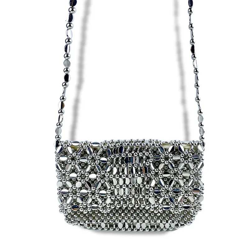 Hollow Out Design Metal Silver Acrylic Flower Beaded Crossbody Bag Women Hand-woven Small Evening Bag Dinner Party Clutch Purse