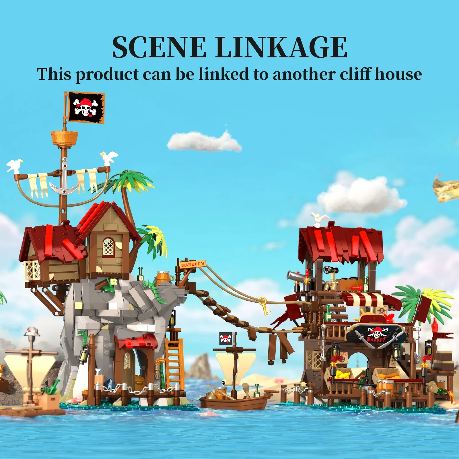 

856pcs MOC Pirate Bay Market Building Blocks Mini Bricks Set Compatible with Legoeds Creative DIY Toys for Kids & Adults