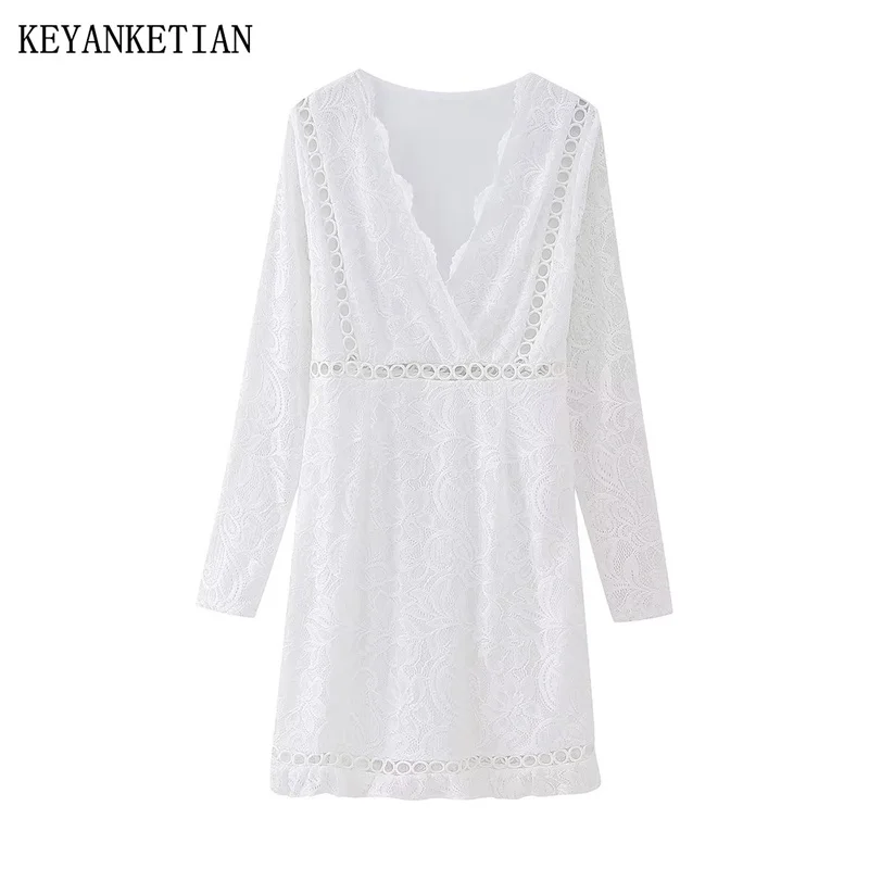 KEYANKETIAN Autumn New Women's Hollow Lace Embroidered Dress White Holiday wind V-NeckLong Sleeve Slim Elegant Mini Skirts