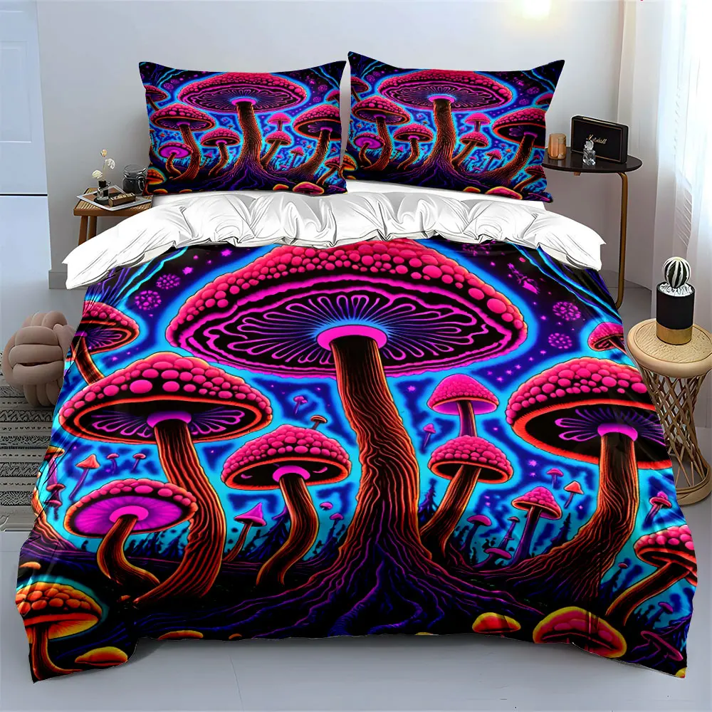 Vibrant fantasy mushroom forest Print Bedding set 3PC 1 duvet cover 2 pillowcases adult and children bedding set Luxury