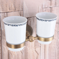 Bathroom Accessory Wall Mounted Antique Brass Toothbrush Holder with Two Ceramic Cups Nba222