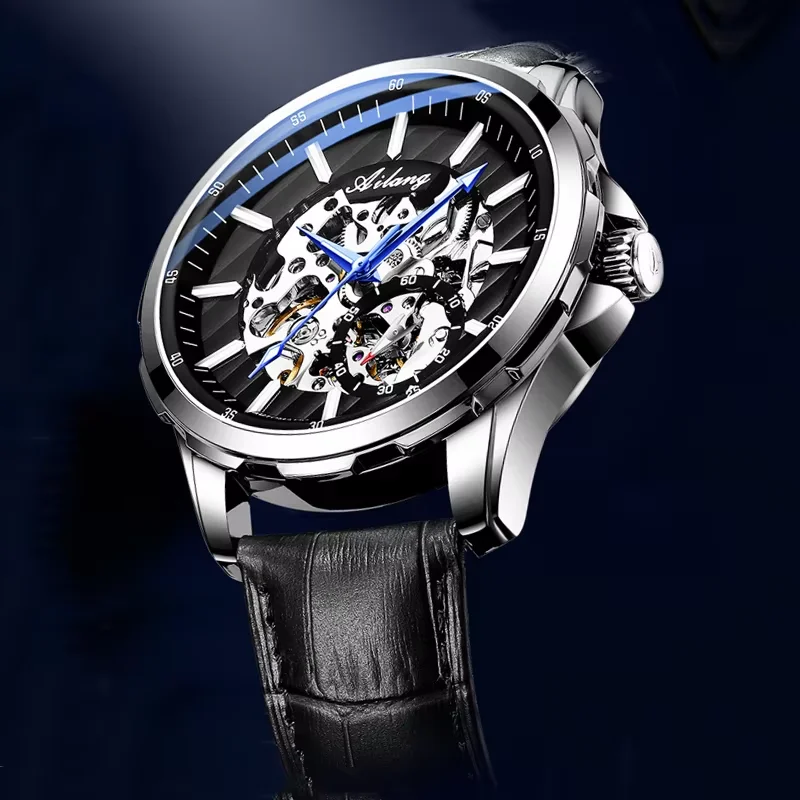 AILANG Top Brand Men's Skeleton Mechanical Watch Waterproof Leather Strap Men Moon Phase Automatic Tourbillon Wristwatch for Men