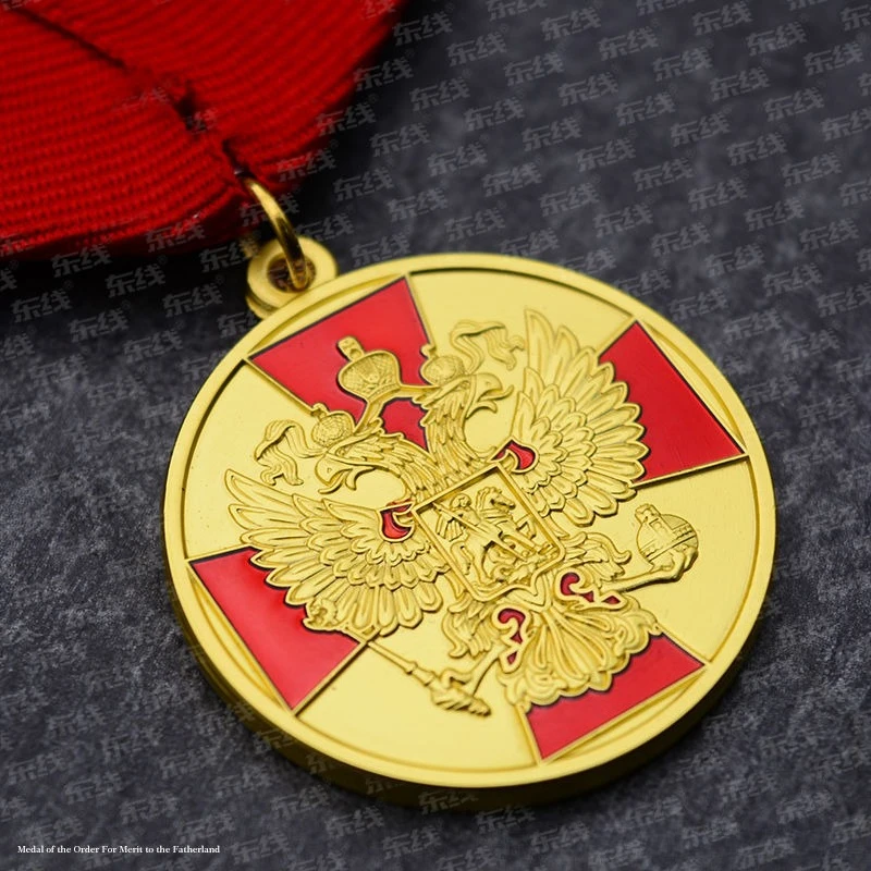 Russian Double-headed Eagle Cross Ribbon Medal Medal of Merit for The Russian Motherland Badges Collection Gifts