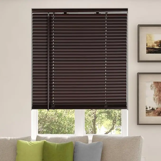Manual Spring‑Operated Black Wood Blinds Child‑Safe Waterproof Window Shades Durable Light‑Blocking Treatments for Home Bedroom