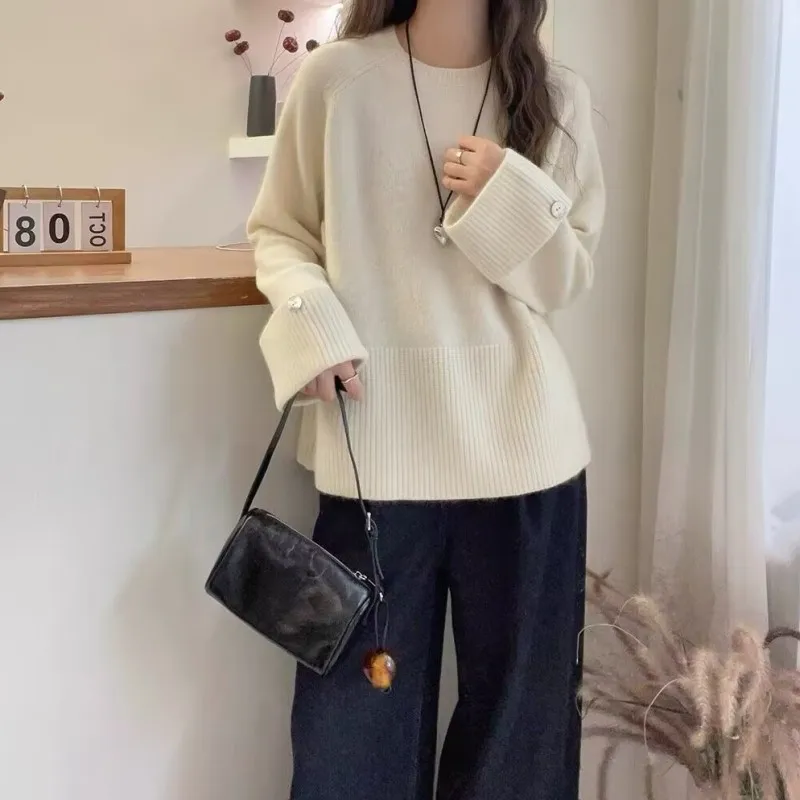 French Cuffs New Women's High-End Rolled Edge Round Neck Sweater Autumn Winter Lazy Style Versatile Base Knit Wool Plus Size Top