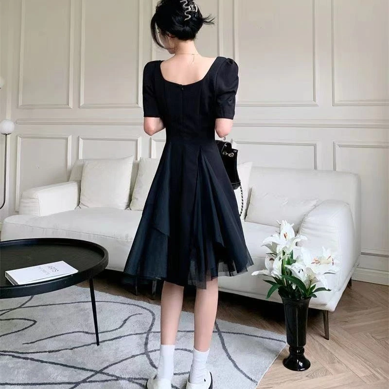 

Large Size Belly Covering Irregular Mesh Hepburn Style Long Dress Female Summer Fat Sister Retro Square Neck Small Black Dress