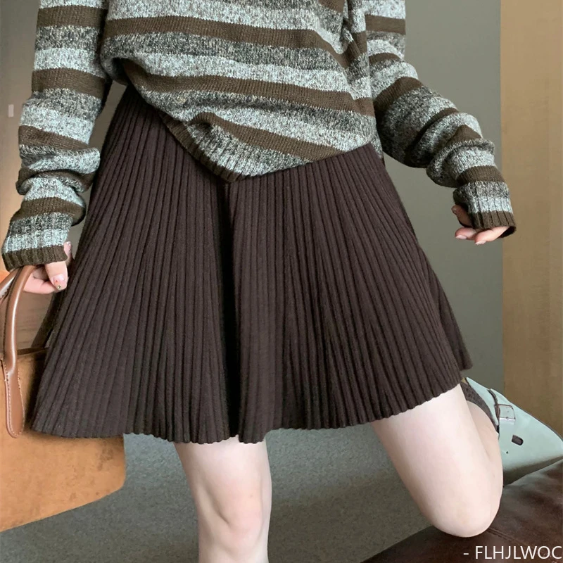 Sexy Mini Skirts Knitting New Design 2024 Women Fashion Preppy Style Girls Cute Sweet A Line Elastic Waist High Pleated Skirt