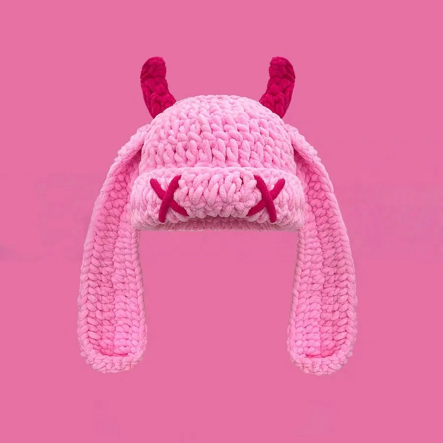 

Cute Sweet and Cool Style Winter Knitting Hat with Devil Ears and Horns Pattern, Thick and Warm Headwear for Autumn and Winter