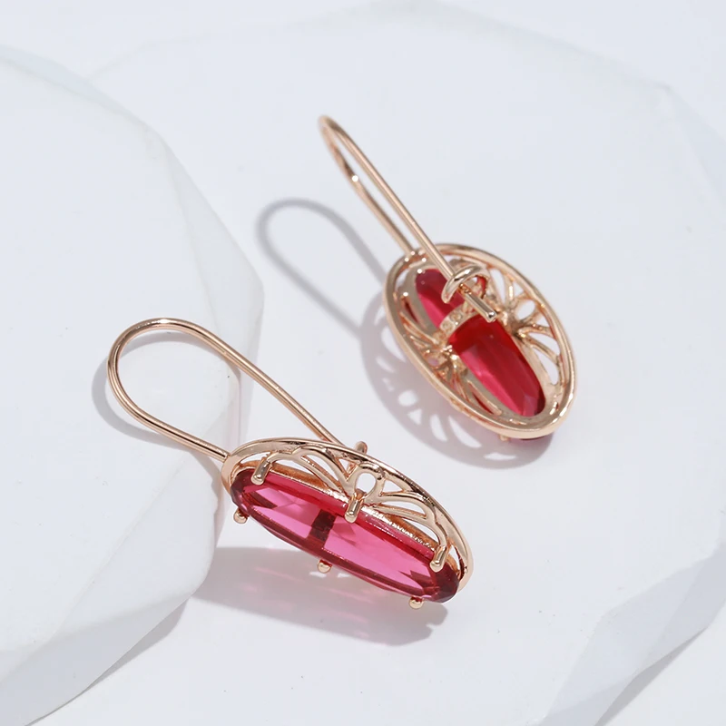 Kinel New Long Oval Red Natural Zircon Drop Earrings Fashion 585 Rose Gold Color Women Hollow Flower Earrings Vintage Jewelry