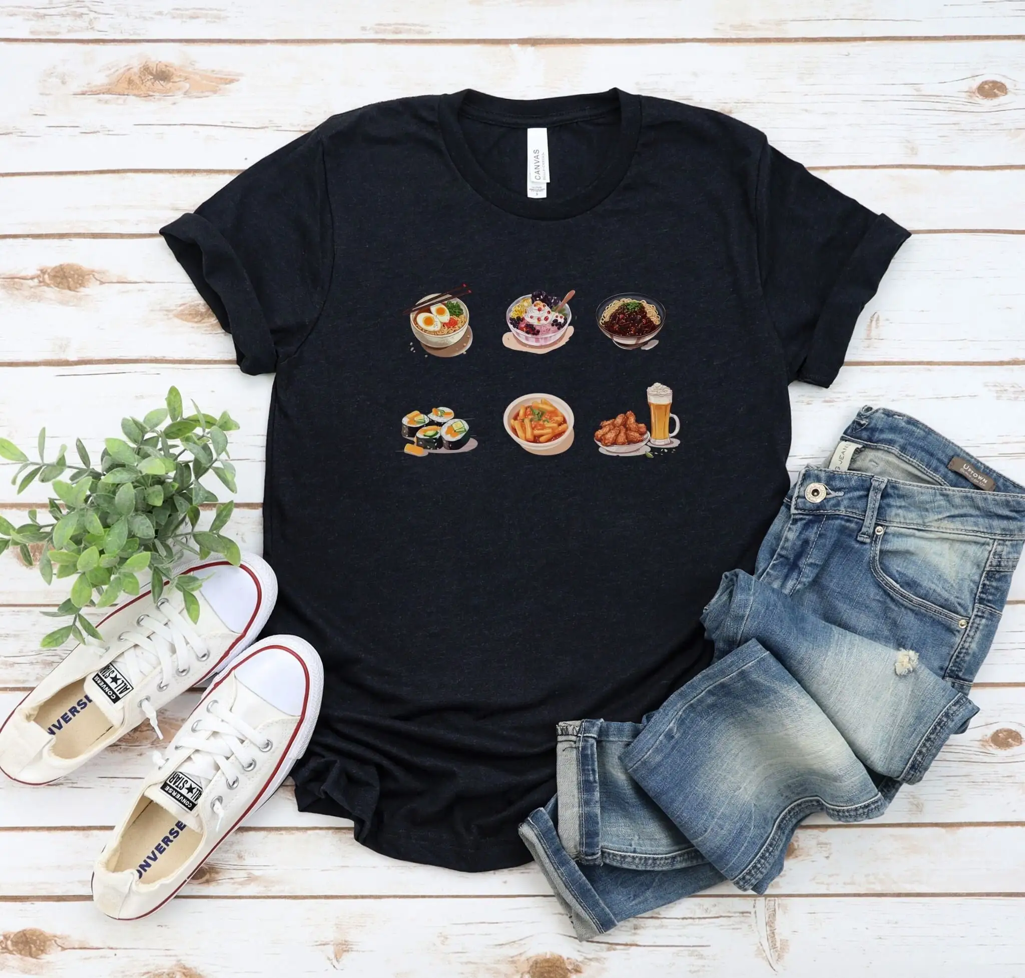 Korean Foods T-Shirt für Food Lover Foodie Ramen oder Ramyeon Bingsoo Jajangmyeon Gimbap Tteokbokki Chicken Beer