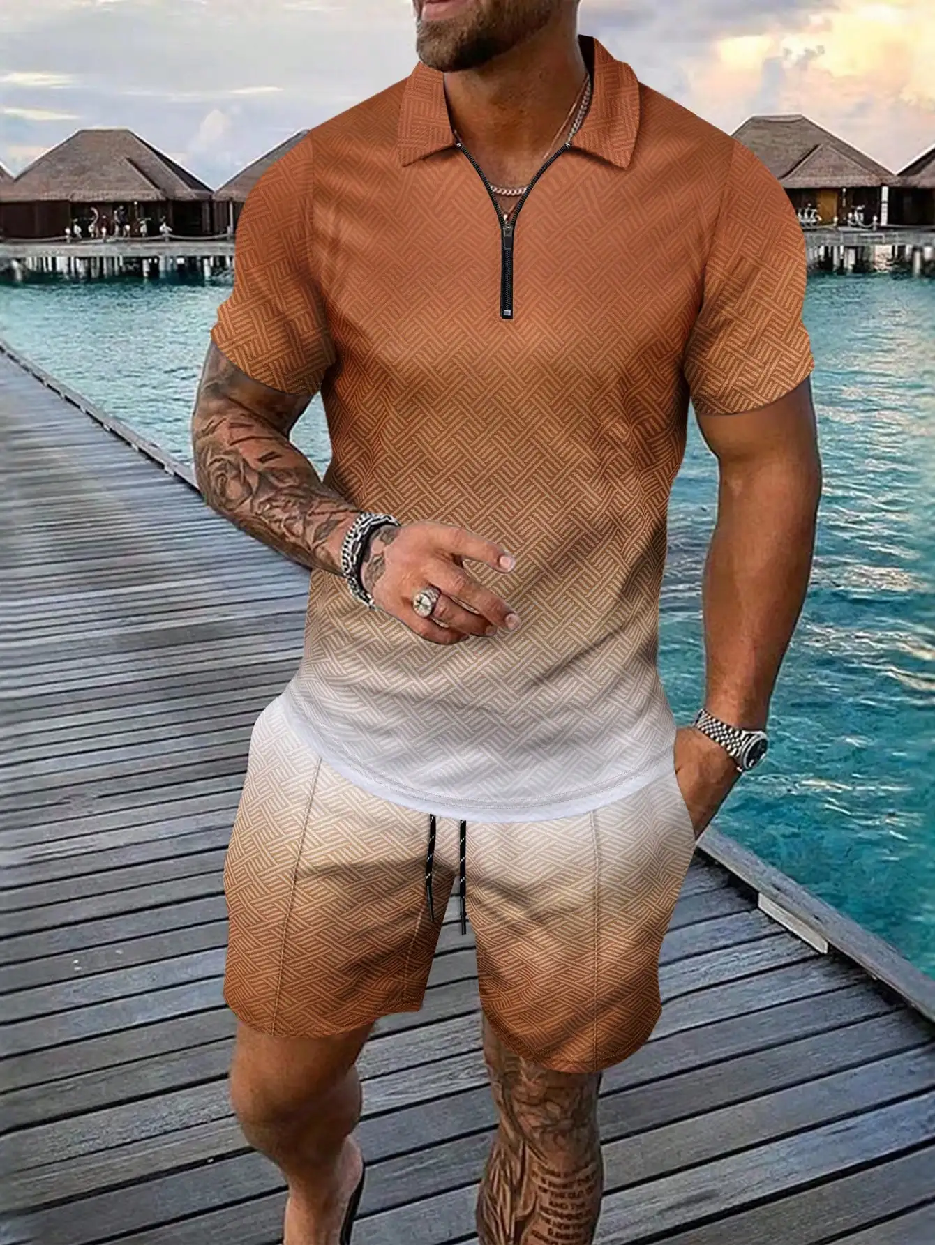 

Men's 2-Piece Summer Set: Geometric Print Zip-Collar Polo Shirt & Matching Shorts