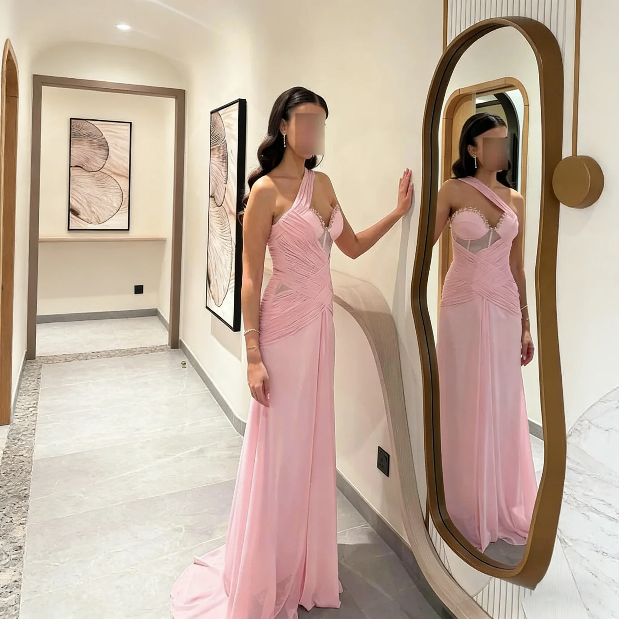 

Элегантное розовое вечернее платье-русалка с вырезом в форме сердца, на одно плечо, из шифона, для торжественных мероприятий, очаровательное, расшитое бисером, в пол, для выпускного вечера, на заказ