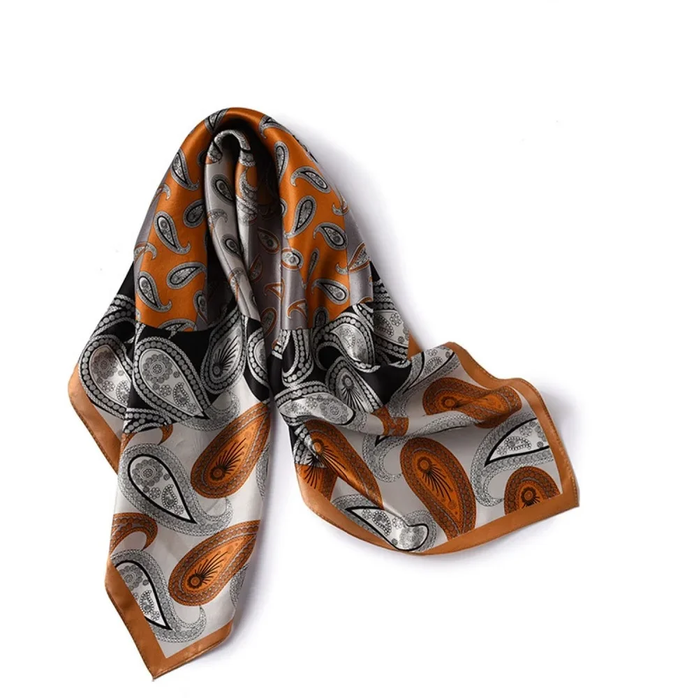 

Women's 100 Silk Scarf Paisley Square Shawl Hair Wraps Neckerchief Beach Sunscreen Cape Orange Yellow